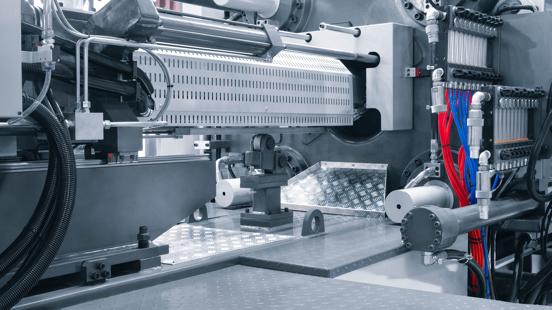 Production machine for manufacture products from pvc plastic extrusion technology, industrial concept background